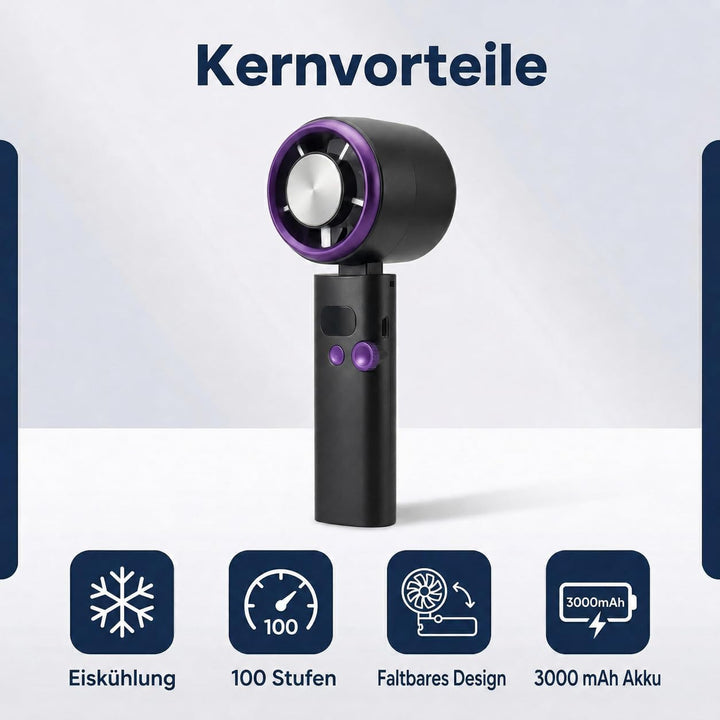 Handventilator mit Kuehlung, Mini Ventilator Akku Aufladbar mit 100-Speed Turbo Wind &amp; LED Display,