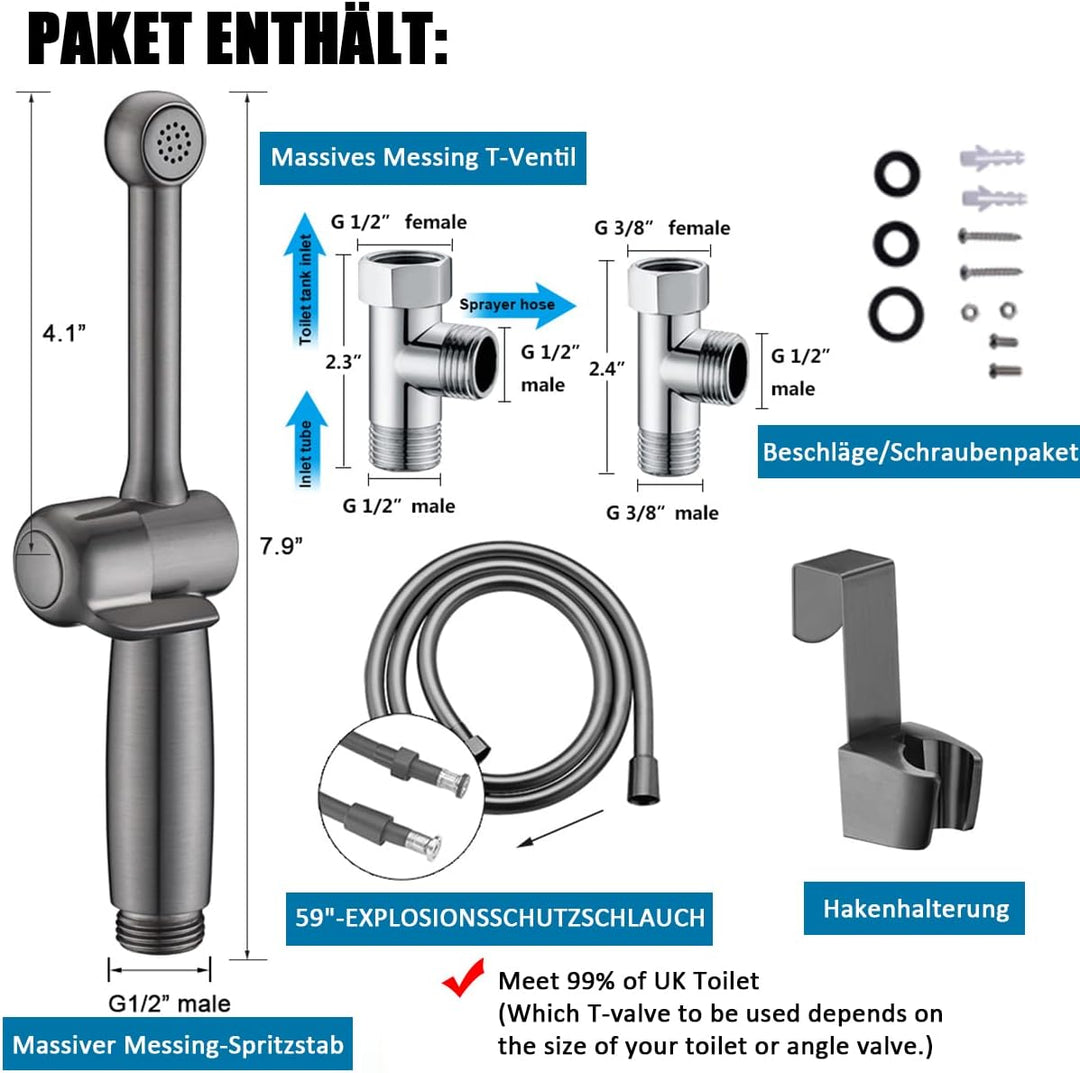 Handbrause Bidet für Toilette - Bad Armaturen WC mit G1/2" Ventil und G3/8" Adapte - Langlebiges Mes