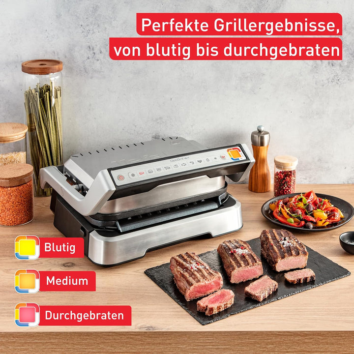 Tefal OptiGrill 2in1 Kontaktgrill, Aufklappbar, Tischgrill, 9 Programme, Garstufenanzeige, Grillzang