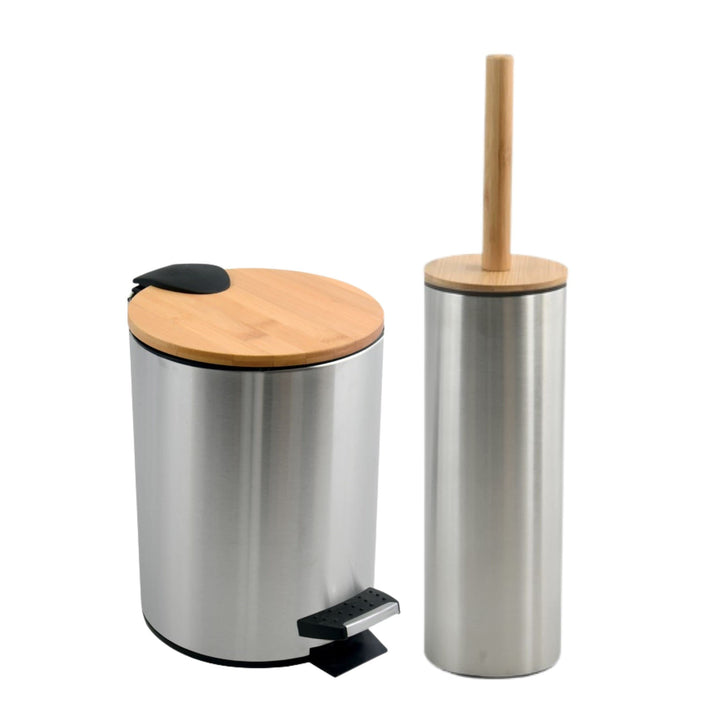 Spirella Badset Adonis 2 tlg. Kosmetikeimer 5 Liter mit Absenkautomatik und WC Bürste Edelstahl Bamb