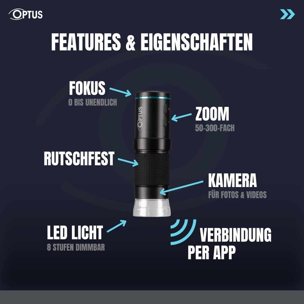 Optus Digitalmikroskop WLAN Full-HD 50x-300x mit Video- und Fotoaufnahme LED dimmbar für Handy, Tech