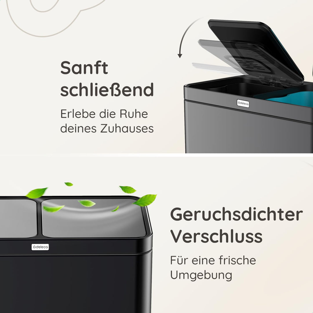 Mülleimer Küche 2 Fächer 60L - Doppelmülleimer mit FreshAura Geruchsfilter - Duo Slow Close Tretmüll