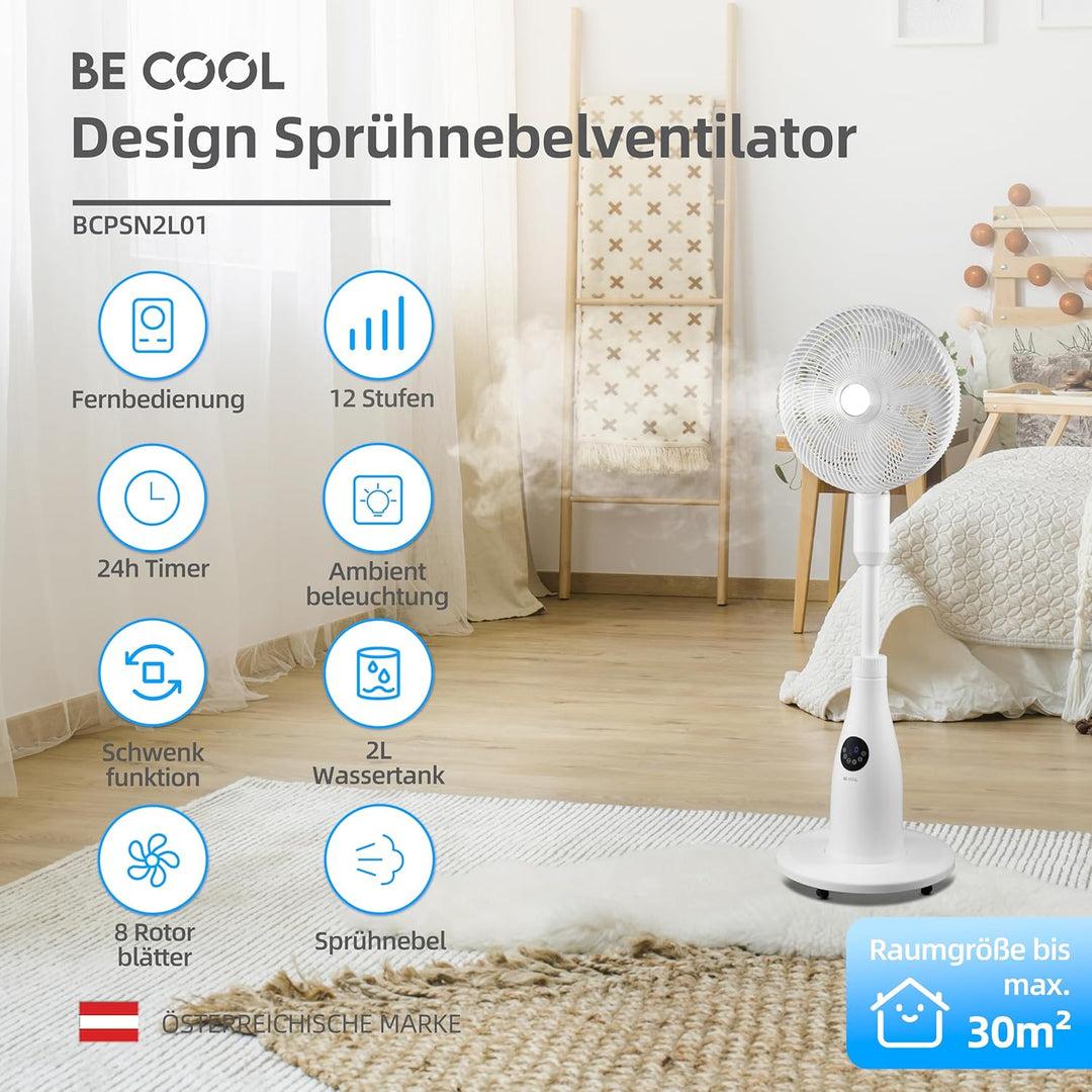 Be Cool Premium Sprühnebel Standventilator mit Fernbedienung | 80W | 2L Wassertank | 1500 m³/h | Osz