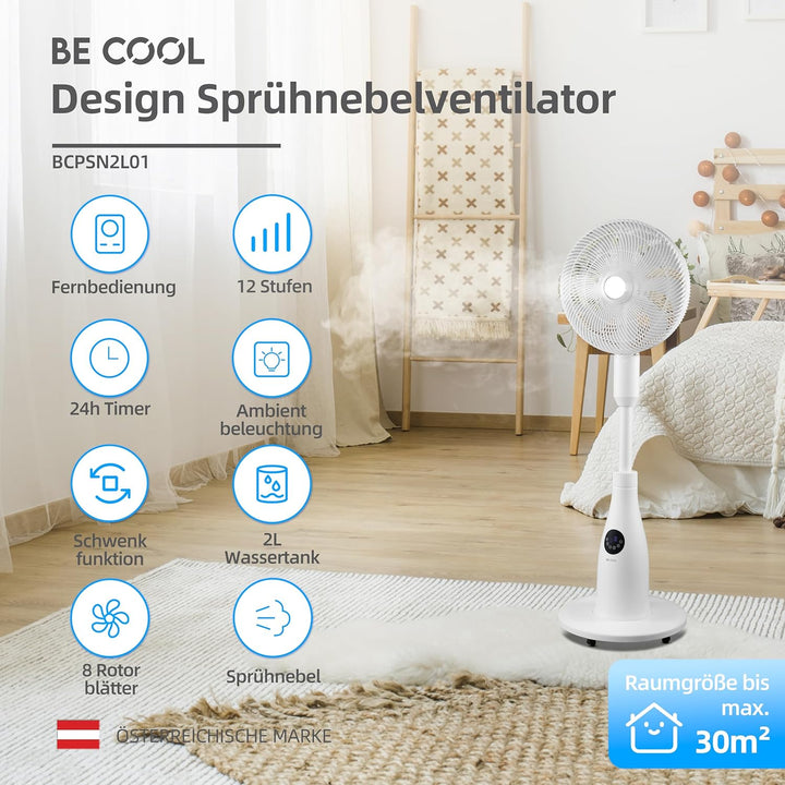 Be Cool Premium Sprühnebel Standventilator mit Fernbedienung | 80W | 2L Wassertank | 1500 m³/h | Osz
