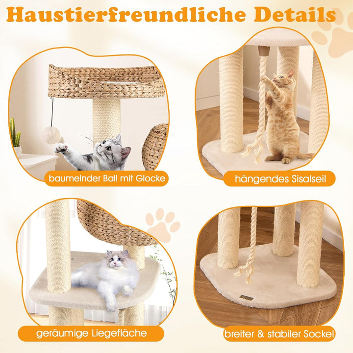 GYMAX Kratzbaum 104 cm, Katzenbaum Rattan mit Korb, Sisalstämme, Hängender Ball &amp; eine Schlinge, Sta