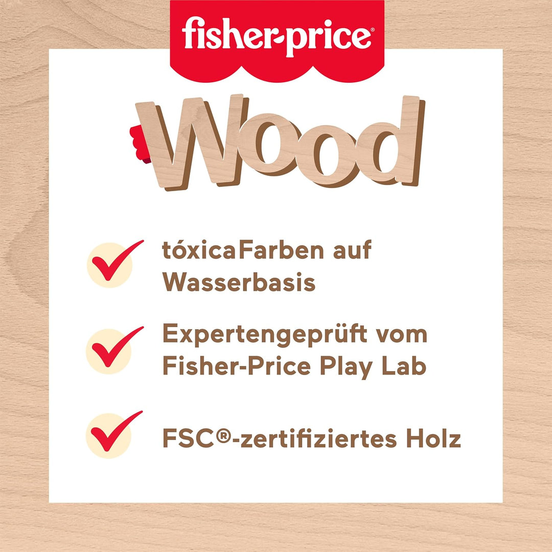 Fisher-Price Holz-Werkzeugkasten, Rollenspiel-Spielset mit Spielzeugbohrer, 9 Spielteile aus Holz fü
