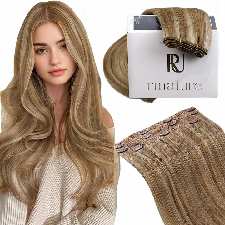 RUNATURE Clip on Extensions Echthaar Blond mit Goldblond Clip in Haarverlangerung Echthaar Remy Haar