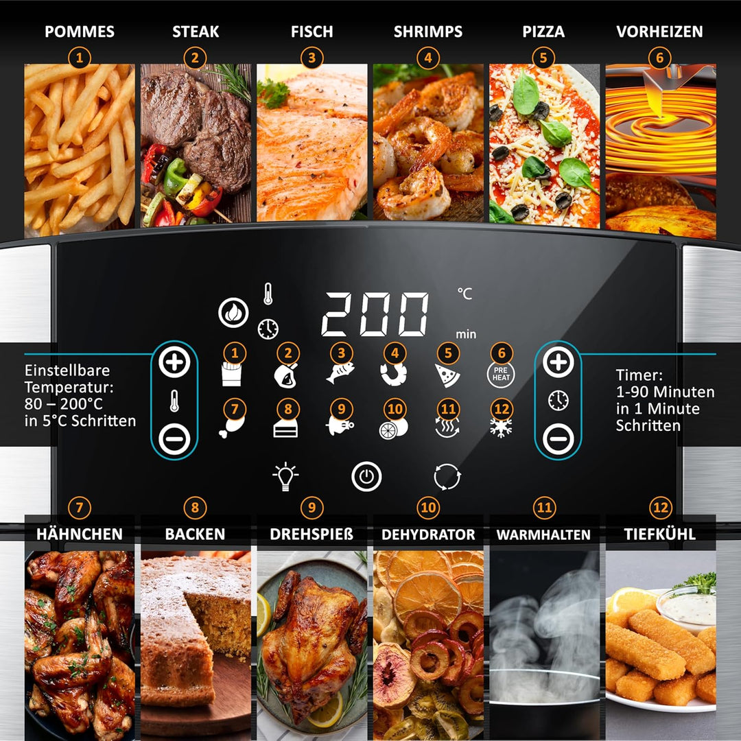 Arendo - XXL Heissluftfritteuse 16 Liter - Grill - Dörrautomat - Backofen - Air Fryer - Touchscreen