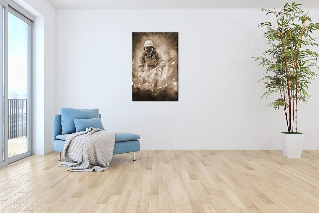 deyoli Feuerwehrmann im Einsatz Format: 120x80 Effekt: Sepia als Leinwandbild, Motiv fertig gerahmt