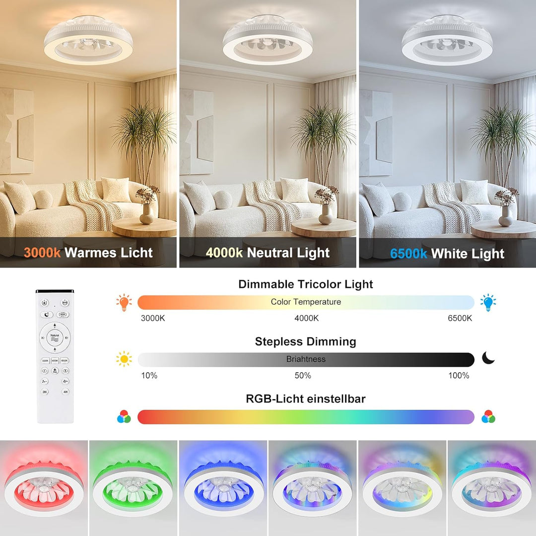 Ateroll Deckenventilator mit Beleuchtung, Ø48CM RGB Deckenventilator mit Licht und Fernbedienung, 6