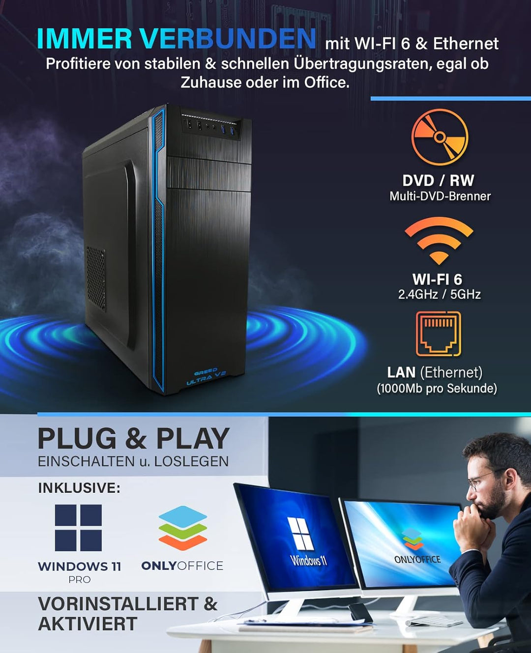Greed® Ultra V2 PC mit Intel Core i7 10700F - Schneller Rechner - Computer für Büro & Home Office mi