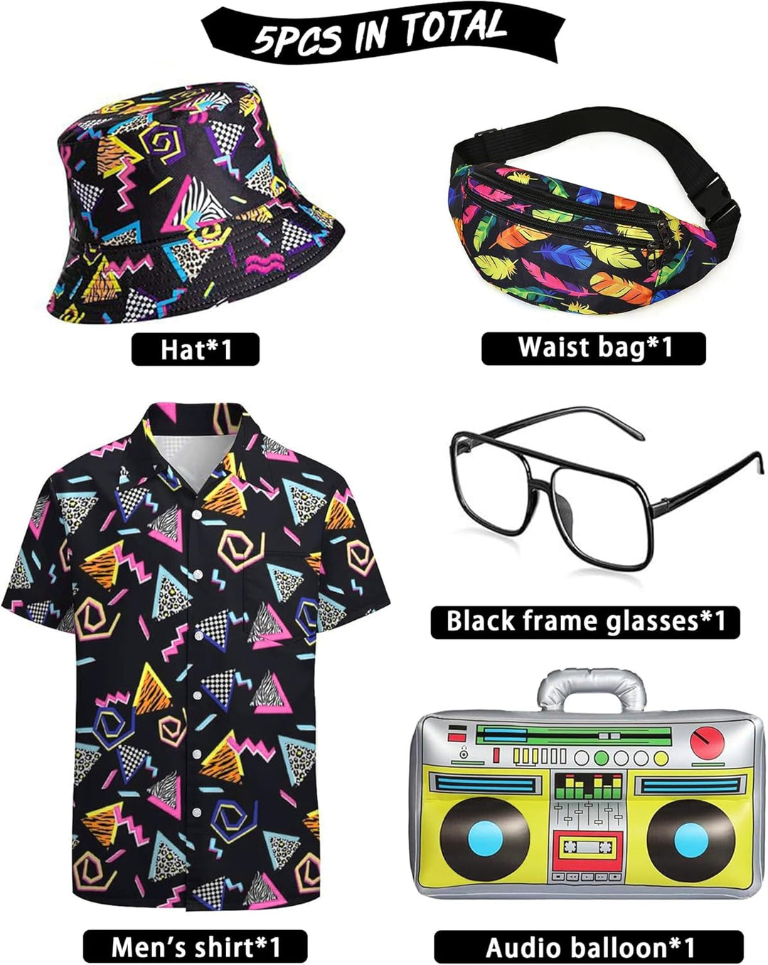 BIQIQI 80er Jahre Outfit Herren 80er Jahre Kleidung Set Rapper Zubehör mit Eimer Hut Gläser Hemd Bau