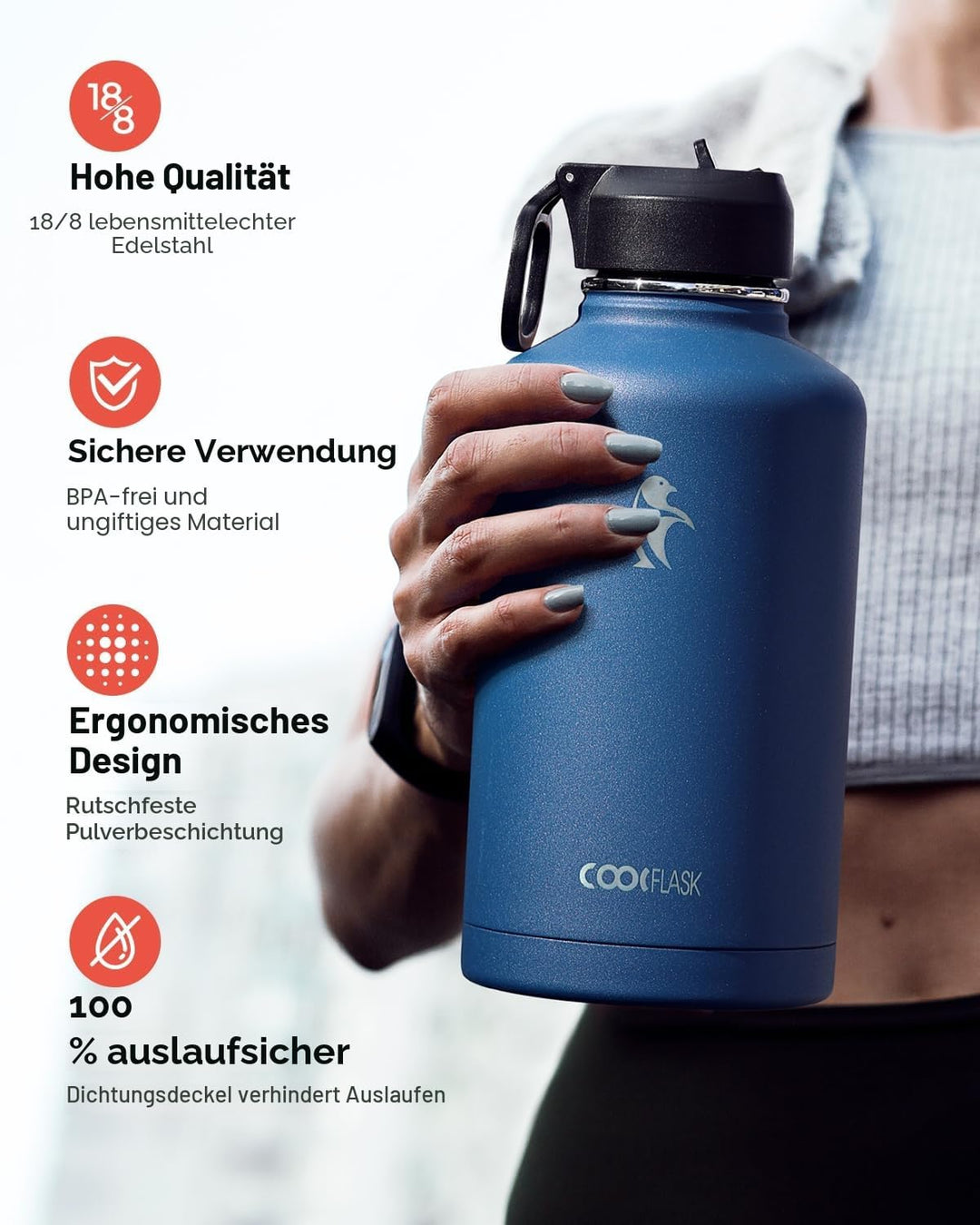Isolierte Wasserflasche 2L, Coolflask Wasserflasche mit Strohhalm & 3 Deckeln, Isolierte Wasserflasc