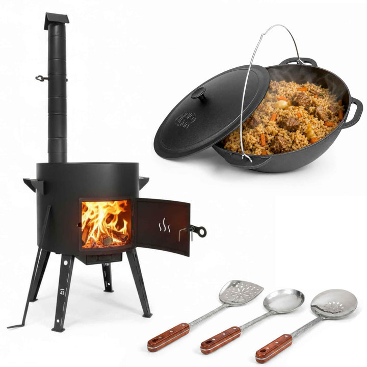 Premium Gusseisen Kazan Set 12 L mit Ofen Utschak Feuerofen Ø40 cm Uchag 2mm Stahl mit Abzugsrohr Ka