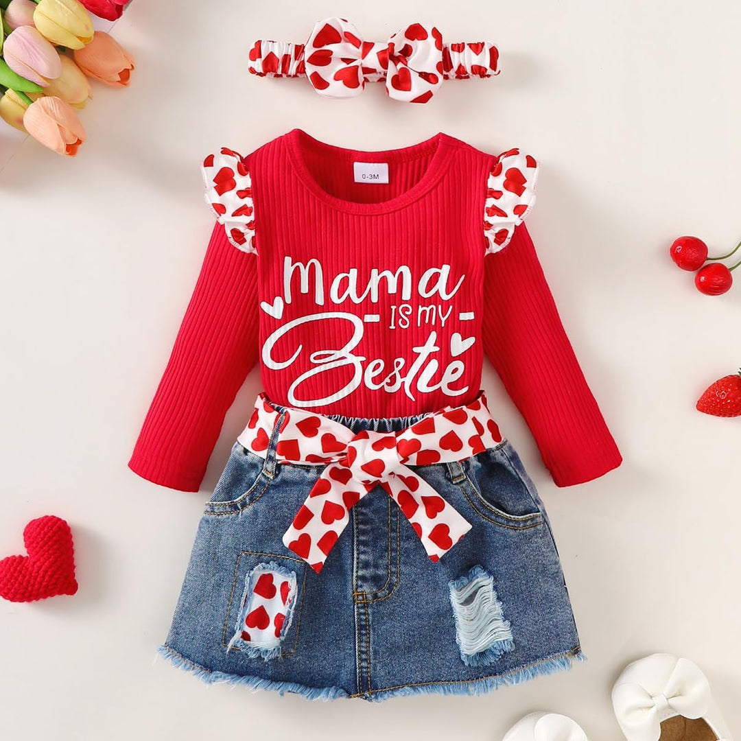 Vestiti Set per Neonata Manica Corta/Lunga Stampa a Lettere Tutina a Coste +Gonna in Denim Abbigliam