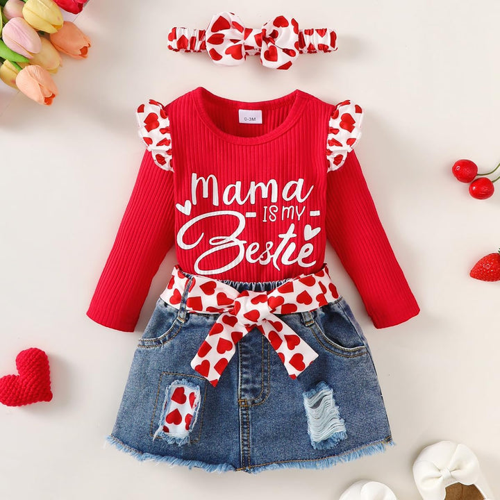 Vestiti Set per Neonata Manica Corta/Lunga Stampa a Lettere Tutina a Coste +Gonna in Denim Abbigliam