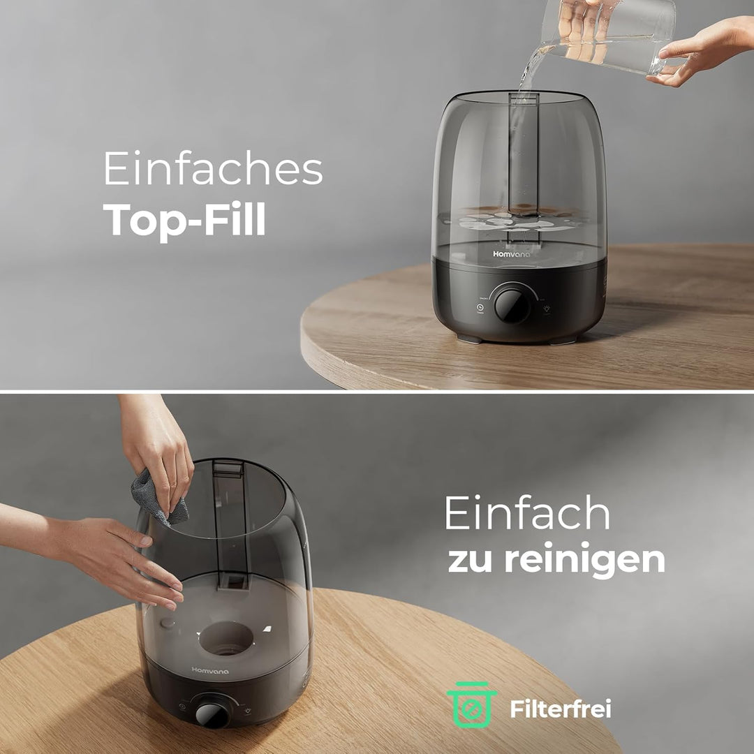 Homvana Luftbefeuchter Schlafzimmer Humidifier - 4L Topfill Cool Mist Raumbefeuchter 40H Runtime, Di
