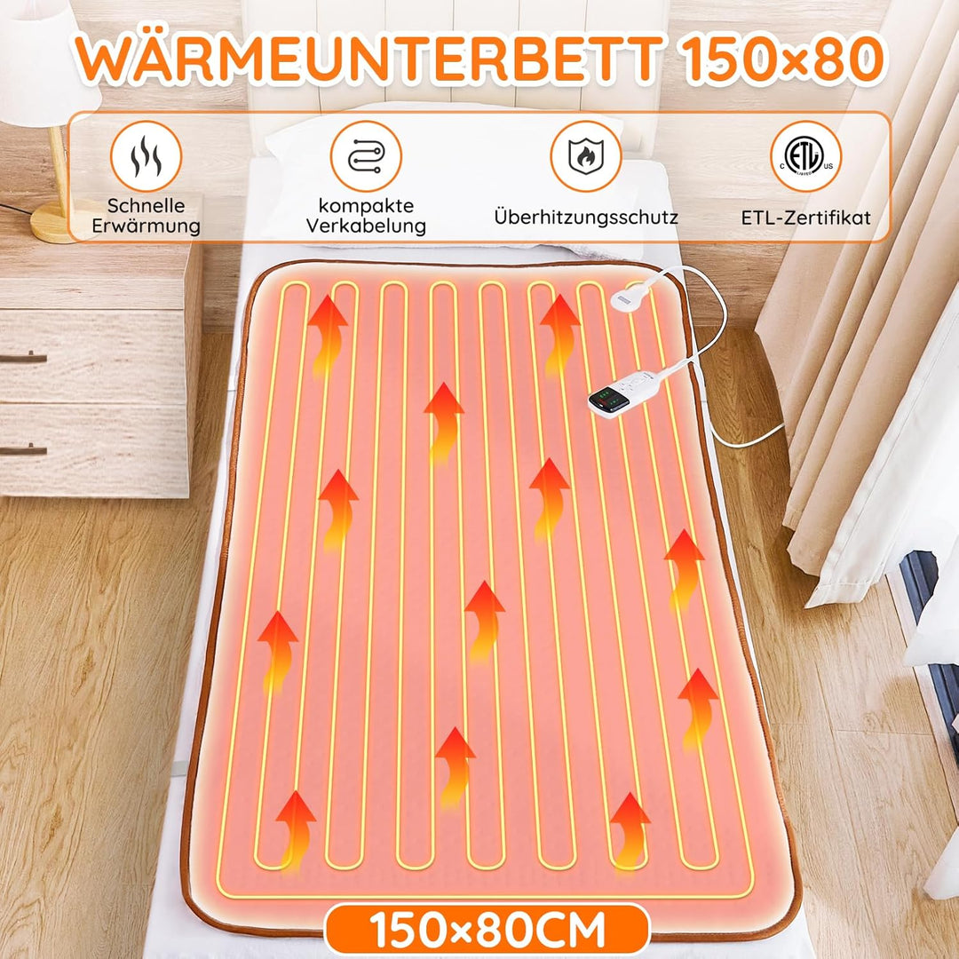 Mia&Coco Heizdecke mit Abschaltautomatik, Wärmeunterbett mit 12-Stunden-Timer und 3 Wärmestufen, LED