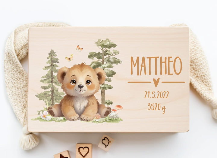 Little Deco Personalisierte Erinnerungsbox Baby Holzkiste mit Waldtiere | L - 40 x 30 x22 cm | Gesch