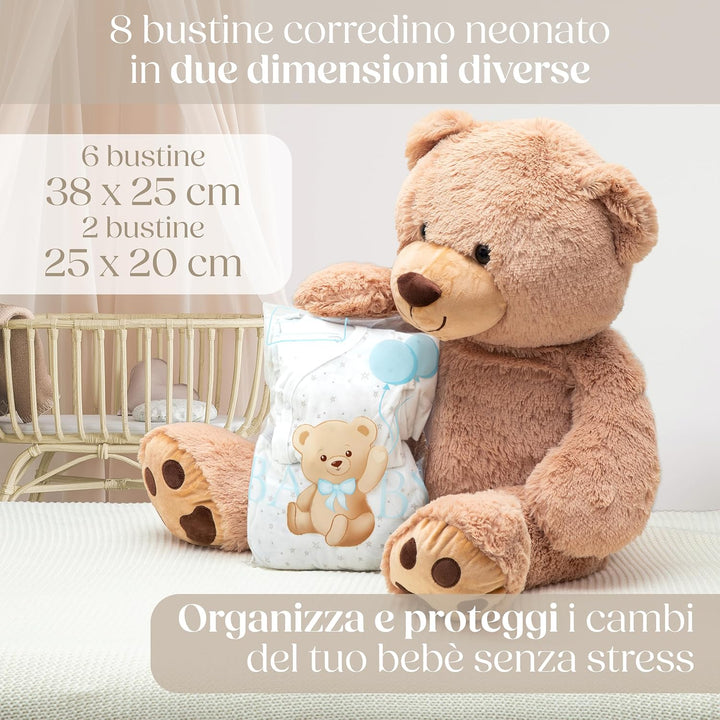 8 Beutel für Neugeborene, Krankenhaus, Teddybär, 6 grosse und 2 kleine – wiederverwendbare Wickeltas