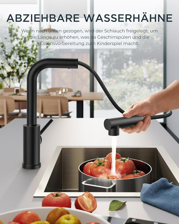 FORIOUS Wasserhahn Küche Schwarz, Küchenarmatur Ausziehbar mit Brause, Spültischarmatur Küche, L-för
