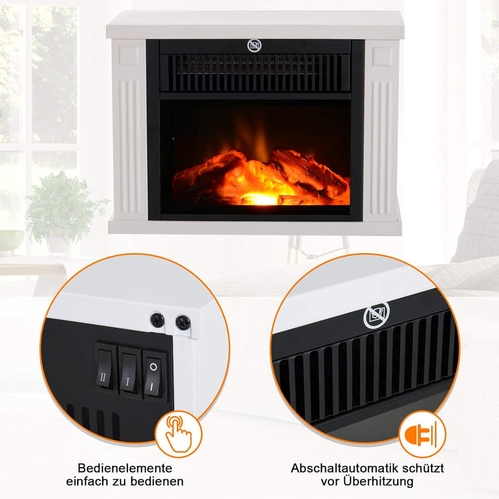 HOMCOM Elektrokamin Kaminofen 600/1200W Elektrischer Kamin Standkamin Flammeneffekt Weiss