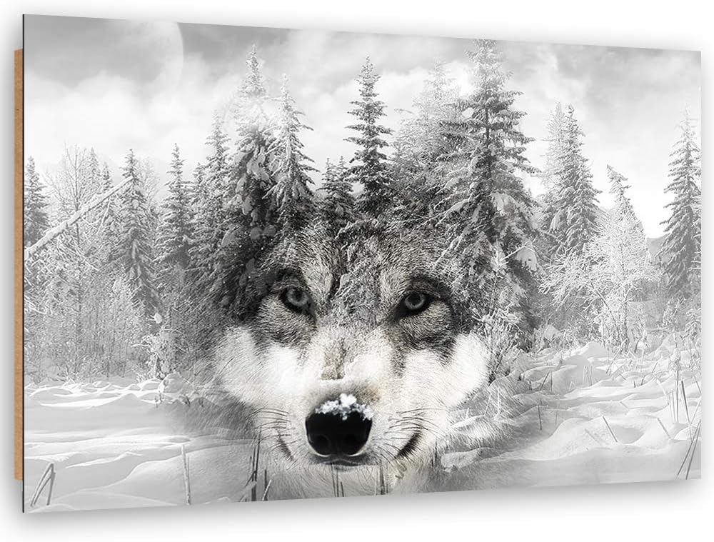 Feeby Wanddeko Winter Bild Kunstdruck modern Wolf Weiss 80x60 cm Deko Paneel 80x60 cm Weiss_b, Deko