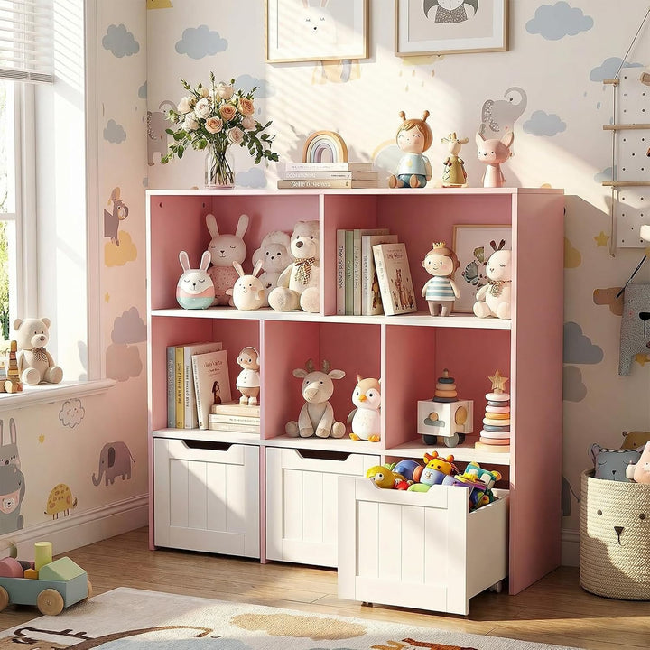 COSTWAY Kinderregal mit Boxen auf Rollen, Bücherregal Kinder mit 5 Fächern & 3 Schubladen, Spielzeug