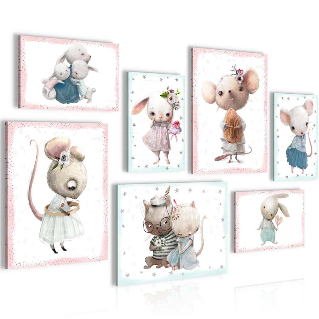 Novart Wandbilder Tiere - KOMPLETT AUFHÄNGFERTIG - Mäuse Rosa Kinderzimmer Mädchen- 7 Moderne Mood-B