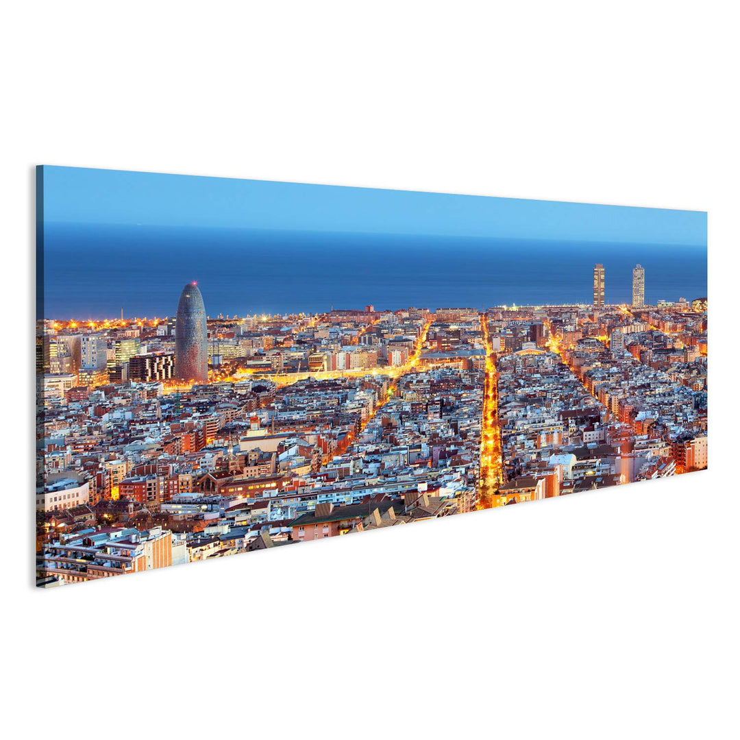 islandburner Bild Bilder auf Leinwand Skyline von Barcelona, Luftaufnahme bei Nacht, Spanien Wandbil