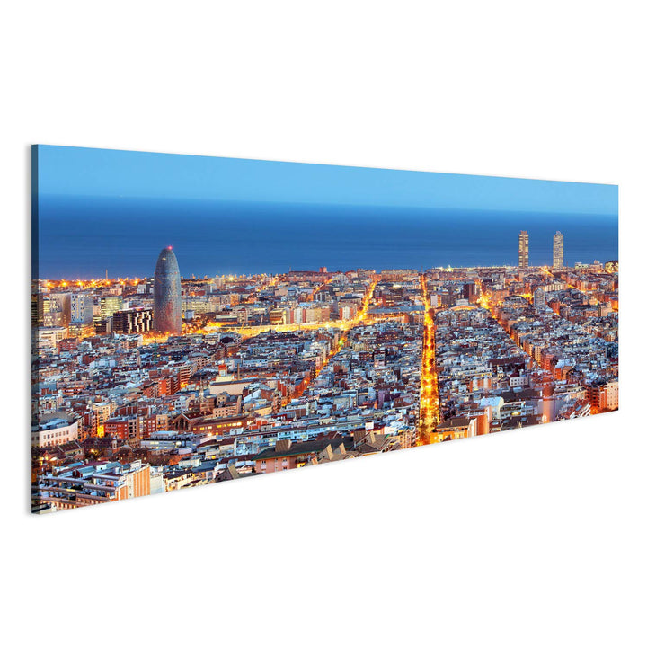 islandburner Bild Bilder auf Leinwand Skyline von Barcelona, Luftaufnahme bei Nacht, Spanien Wandbil