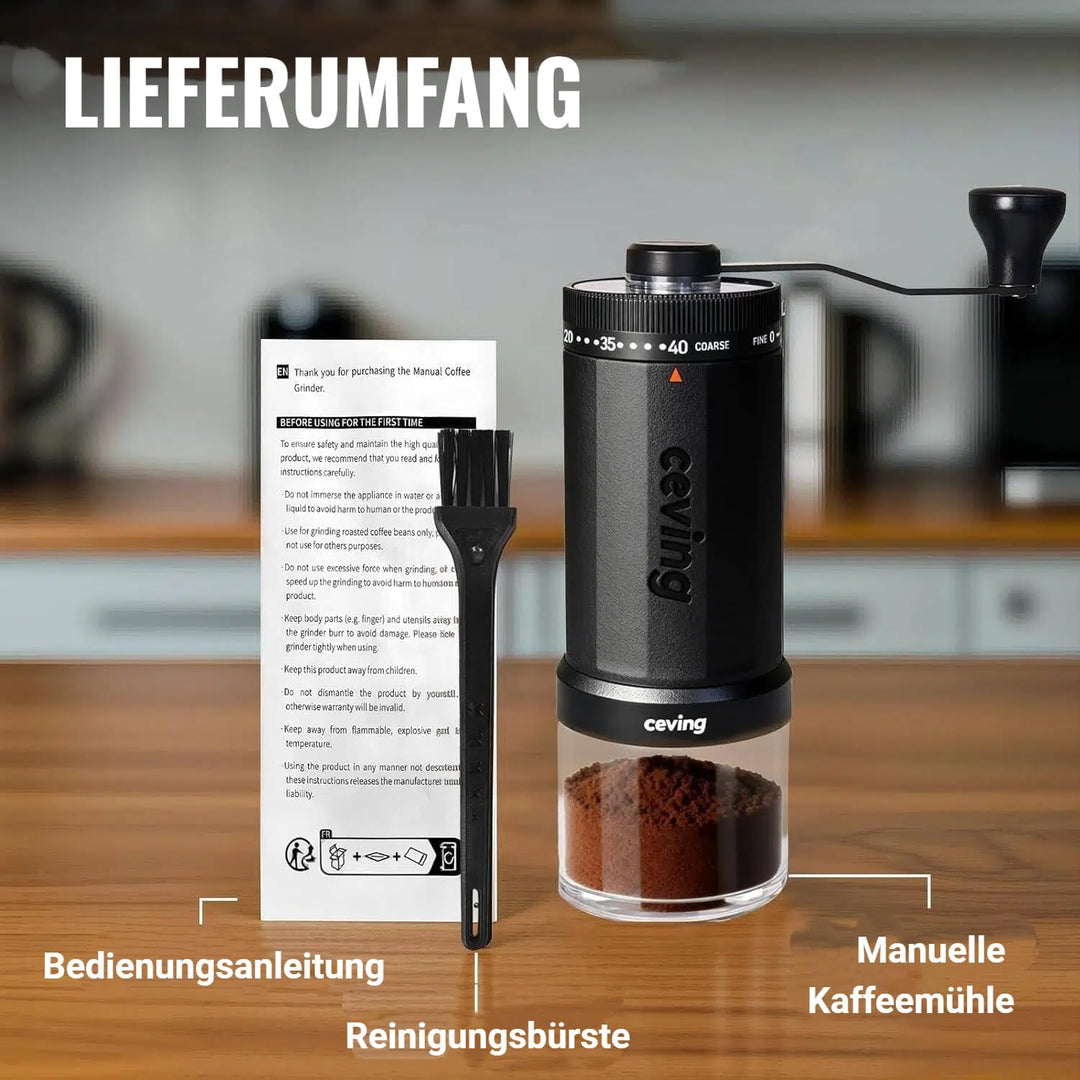 CEVING weltweit erste manuelle Kaffeemühle mit 60g Fassungsvermögen schwarz | Tragbare Handkaffeemüh