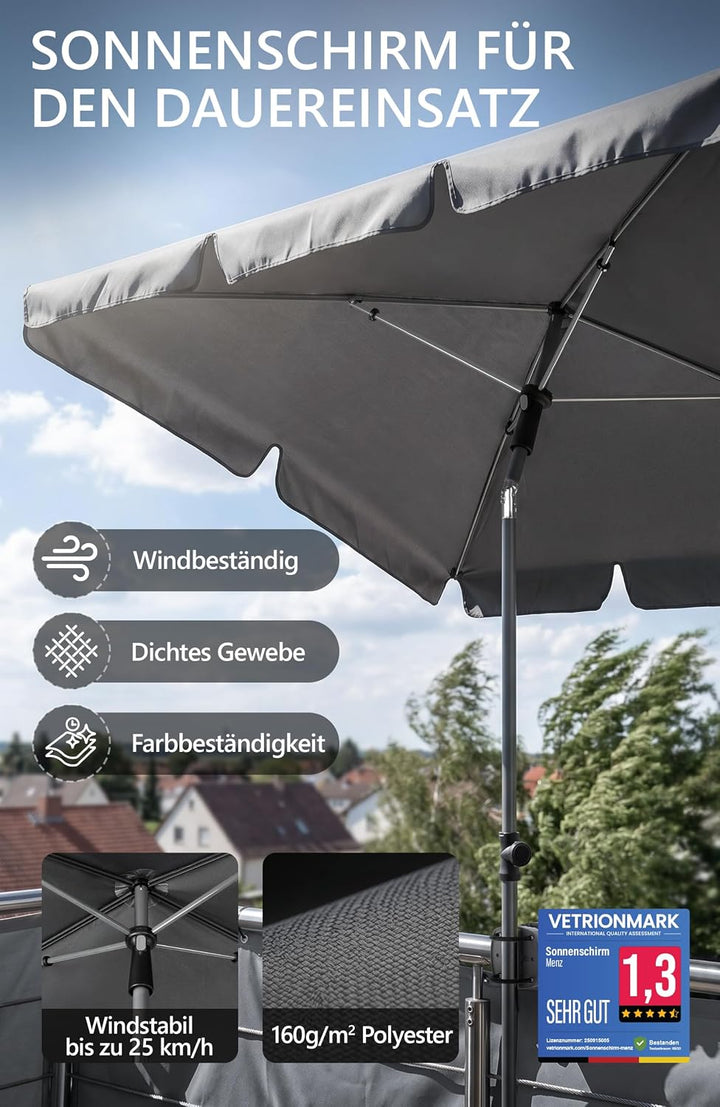 4smile Sonnenschirm Balkon in Anthrazit - Sonnenschirm rechteckig 200x125cm mit UV50+ Sonnenschutz |