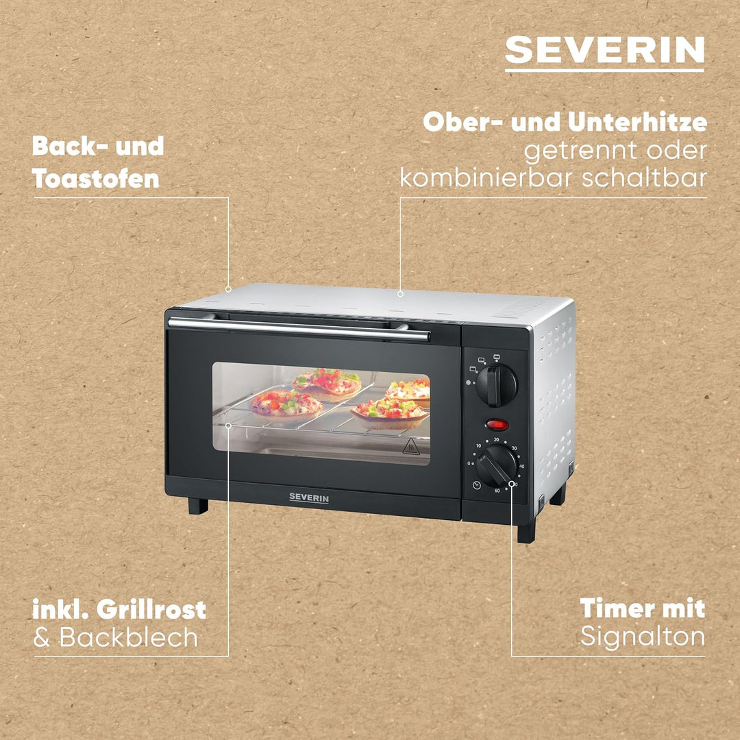 SEVERIN TO 2052 Back- und Toastofen (800 W, Inkl. Grillrost und Backblech, 9 L) silber