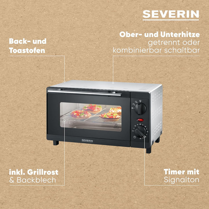 SEVERIN TO 2052 Back- und Toastofen (800 W, Inkl. Grillrost und Backblech, 9 L) silber