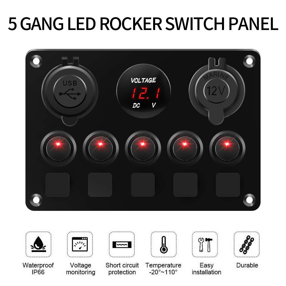 KAOLALI Schaltpanel 12V/24V Kippschalter 5 Gang IP65Wasserdicht + 4.2A Dual USB Ladegerät + Zigarett