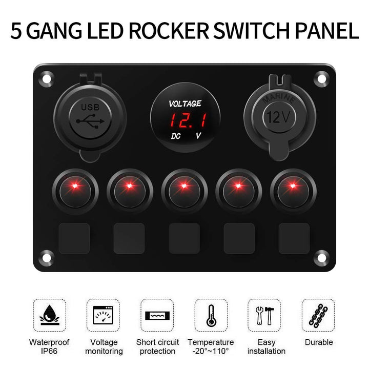 KAOLALI Schaltpanel 12V/24V Kippschalter 5 Gang IP65Wasserdicht + 4.2A Dual USB Ladegerät + Zigarett