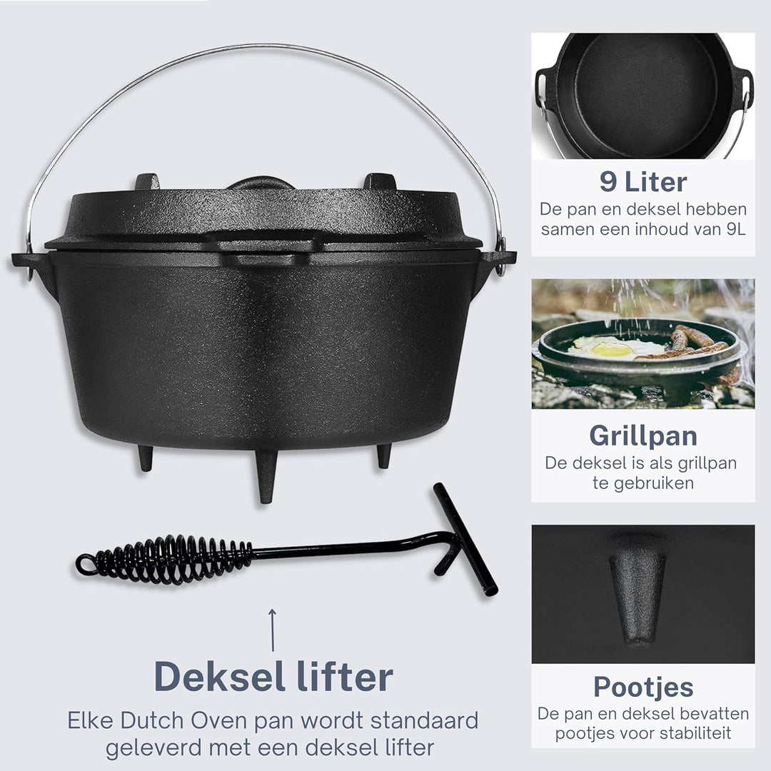 Dutch Oven Kochtopf - Gusseisen Topf Ø29 - Gusseisen Topf mit Deckel 9 Liter Grillpfanne - Bratpfann