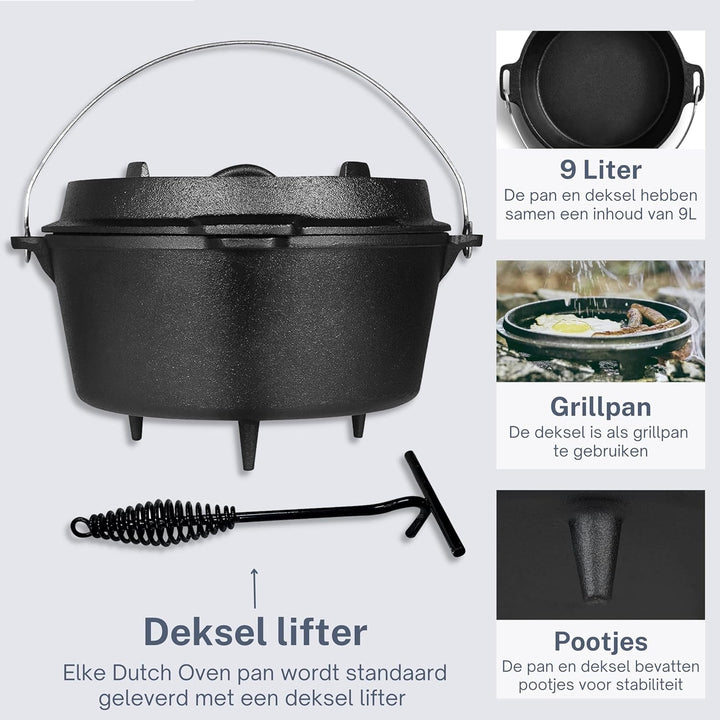 Dutch Oven Kochtopf - Gusseisen Topf Ø29 - Gusseisen Topf mit Deckel 9 Liter Grillpfanne - Bratpfann