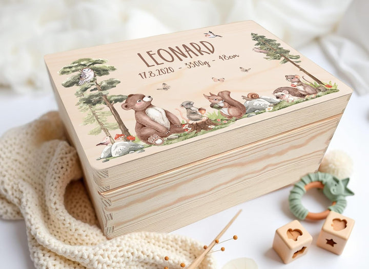 Little Deco Baby Erinnerungsbox personalisiert Waldtiere | 30 x 20 x 13 cm | Taufgeschenk Erinnerung