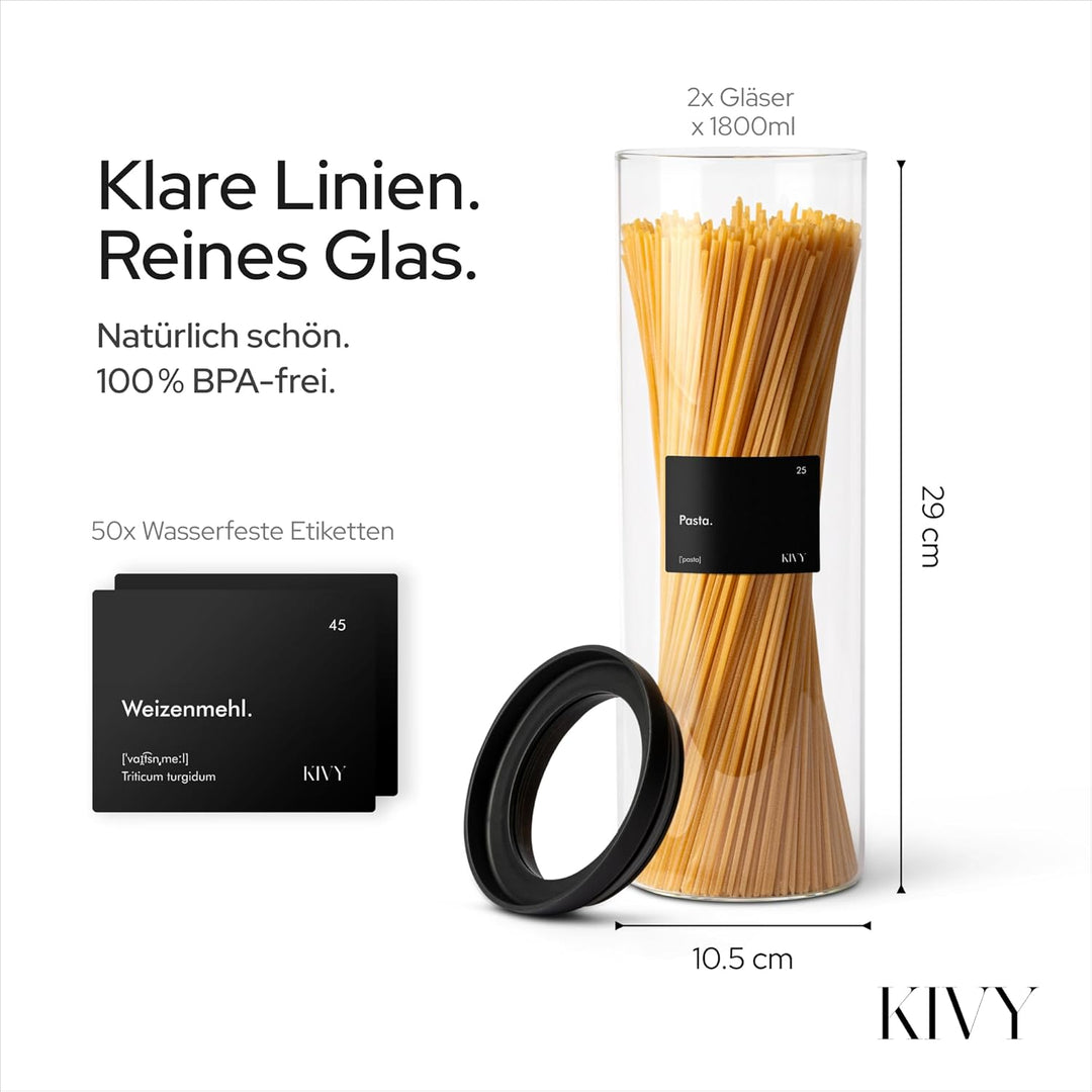 KIVY Vorratsgläser mit transparenten Glasdeckel [2x 1800ml] Luftdichte Nudelgläser mit Deckel - Müsl