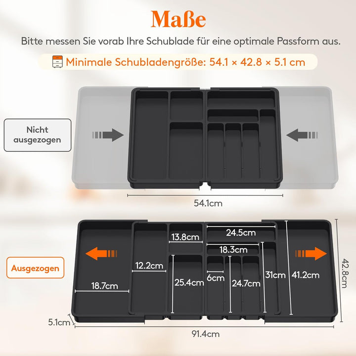 Lifewit Grosse Besteckkasten für Schubladen, Einstellbar Breite 54,1-91,4 cm, Tiefe 43 cm, 9-11 Fäch