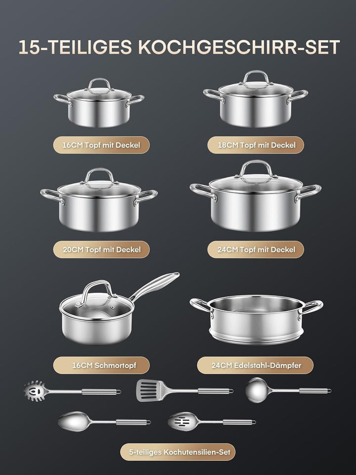 Topfset Induktion 15-Teilig, Kochtopf Set Unbeschichtet Mit Dünsteinsatz, Induktions Töpfe Set, Topf