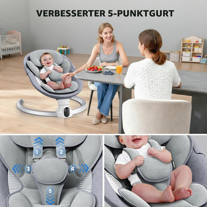 Bluetooth Elektrische Babyschaukel, Upgrade 5-Punkte Geschirr Elektrische Babywippe mit 5 Geschwindi