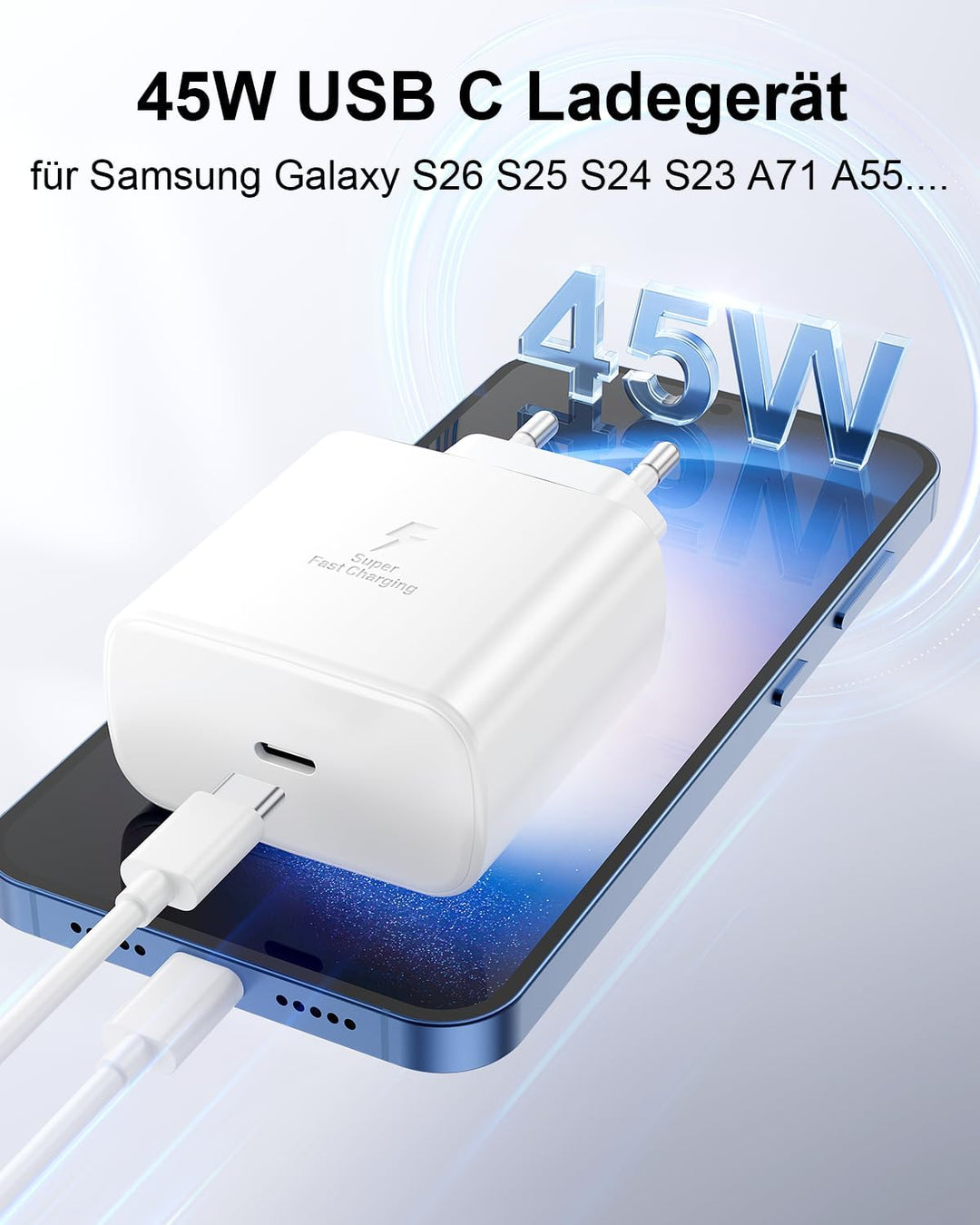 45W USB C Ladegerät für Samsung, 2Pack Handy Schnellladegerät mit 2M Ladekabel, Typ C Schnellladeger
