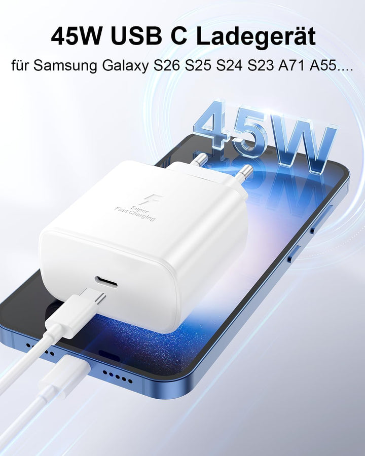 45W USB C Ladegerät für Samsung, 2Pack Handy Schnellladegerät mit 2M Ladekabel, Typ C Schnellladeger