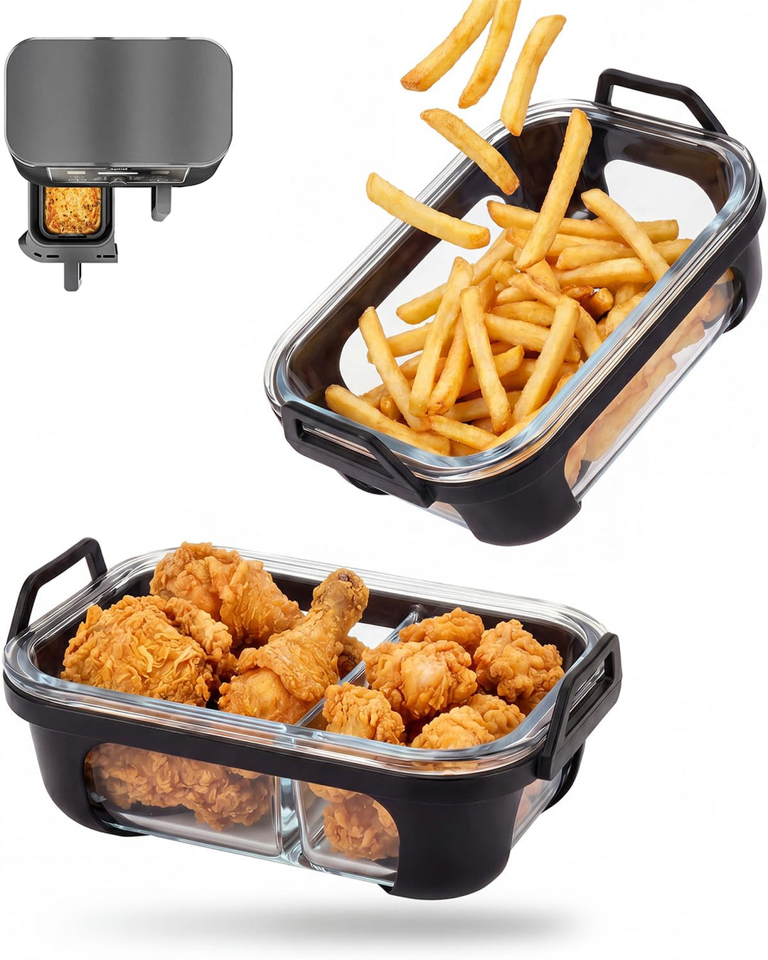 2 Stück Auflaufform Airfryer, Glas Heissluftfritteuse, BPA-frei, 2 Kammern
