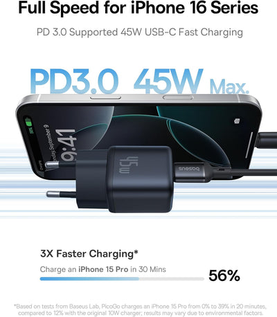 Baseus PicoGo USB C Ladegerät, 45W USB C Netzteil PD 3.0 PPS Schnellladegerät Kompatibel mit iPhone