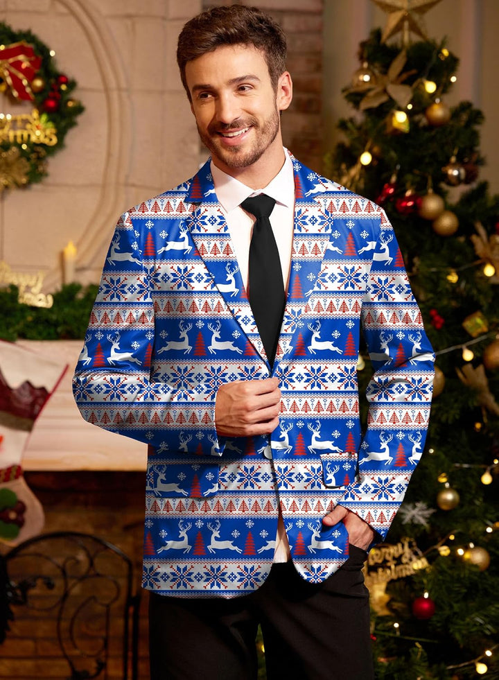 BesserBay Herren Weihnachtsblazer Bedruckte Langarm Anzugjacke Xmas Kostüm Blazer Slim Fit Blazer Fr