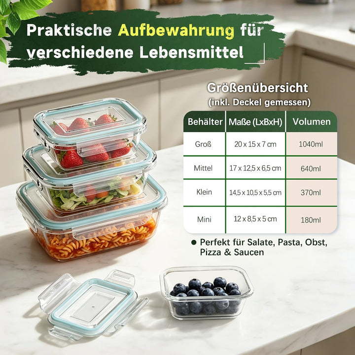 Glasbehälter mit Deckel 4er Set | Borosilikatglas Frischhaltedosen Luftdicht & Auslaufsicher | Vorra